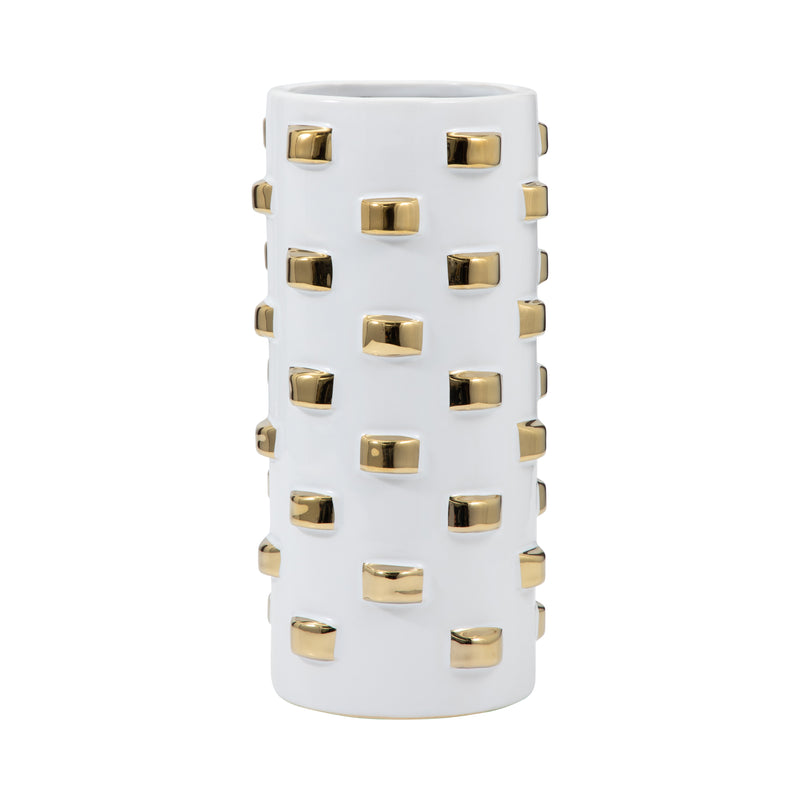 Stoneware, 15" Cylinder Vase, White/gold