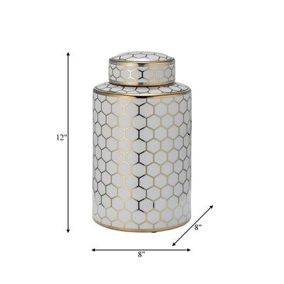 CER, 12" HONEYCOMB JAR W/ LID, GOLD