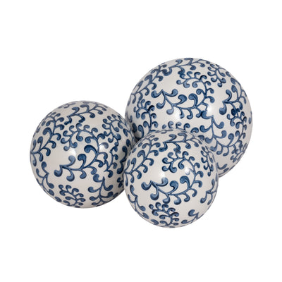 CER, S/3 CHINOISERIE FERN ORBS, 4/5/6" BLUE/WHT