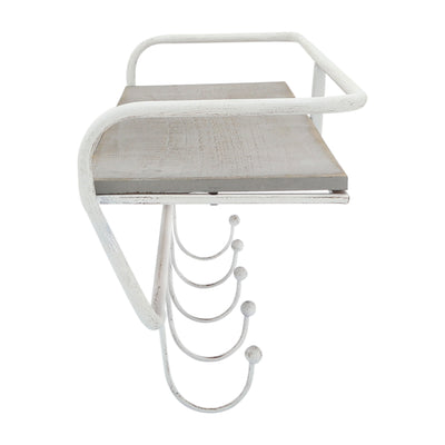 METAL/WOOD 20" 5  HOOK WALL SHELF, WHITE/GRAY