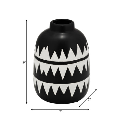 CER, 9"H TRIBAL FLOWER VASE, BLACK/WHITE