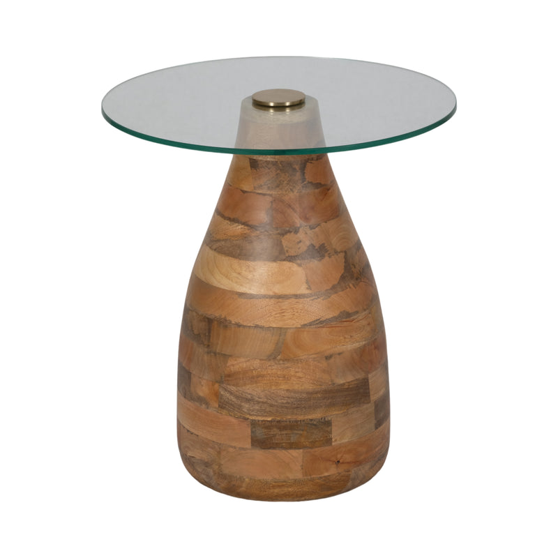 20" Striped Wood Accent Table With Glass Top, Natu