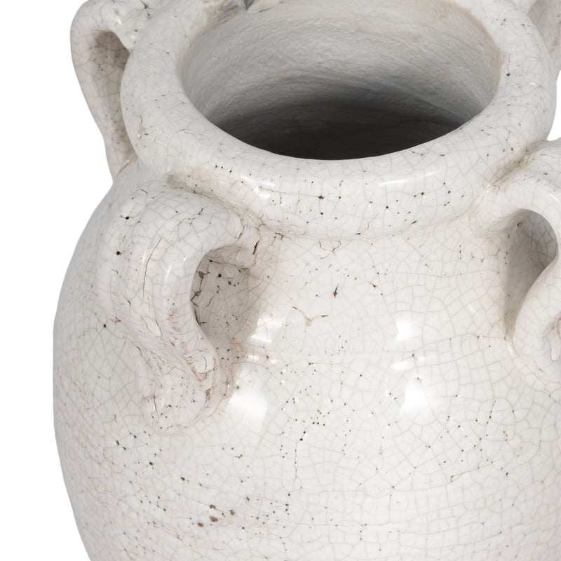 7" Terracotta Vase With Handles, White Crackle