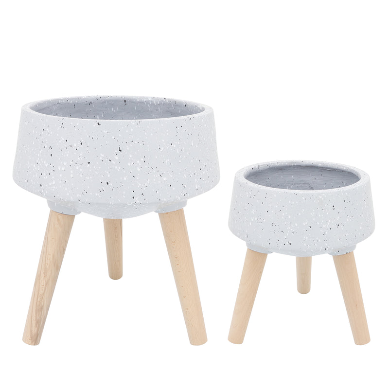 S/2 11/15" TERRAZZO PLANTER W/ WOOD LEGS,  GRAY