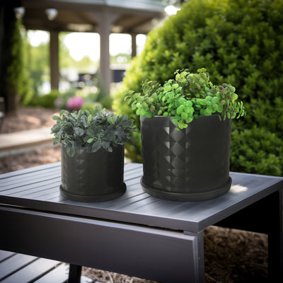 S/2 10/12" DIAMOND PLANTER W/ SAUCER, BLACK