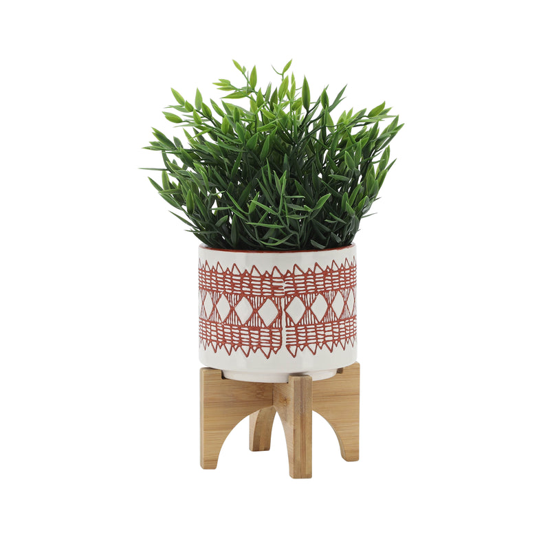 CERAMIC 5" AZTEC PLANTER ON WOODEN STAND, ORANGE