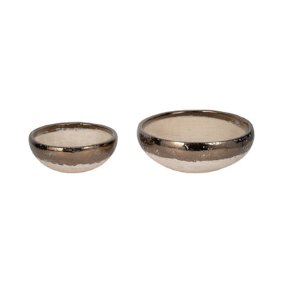 S/2 12/15" Gold Rim Terracotta Bowls, Grey