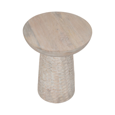 20" Hammered Base Wood Accent Table, White Wash