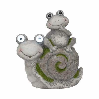 14" Frog Sitting On Snail With Solar Eyes, Grey