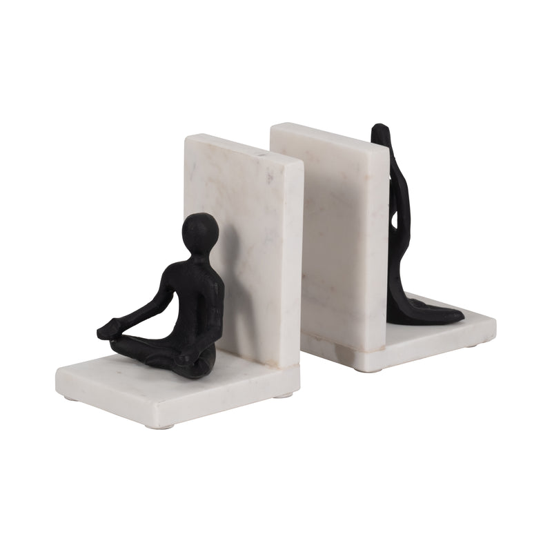 Metal, S/2 6" Yoga Ladies Bookends On Marble, Blk/