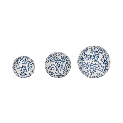 CER, S/3 CHINOISERIE FERN ORBS, 4/5/6" BLUE/WHT