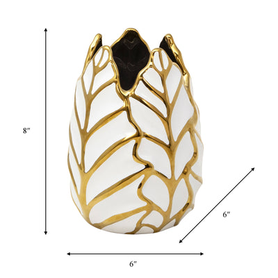 CERAMIC 8" LEAF VASE, WHITE/GOLD