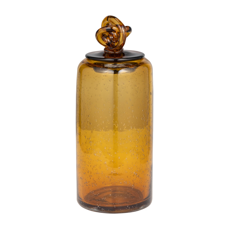 GLASS, 12" JAR W/ KNOT LID DARK AMBER