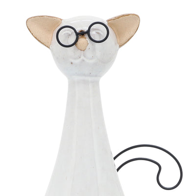 CER, 10"H CHUBBY CAT W/ GLASSES, BEIGE