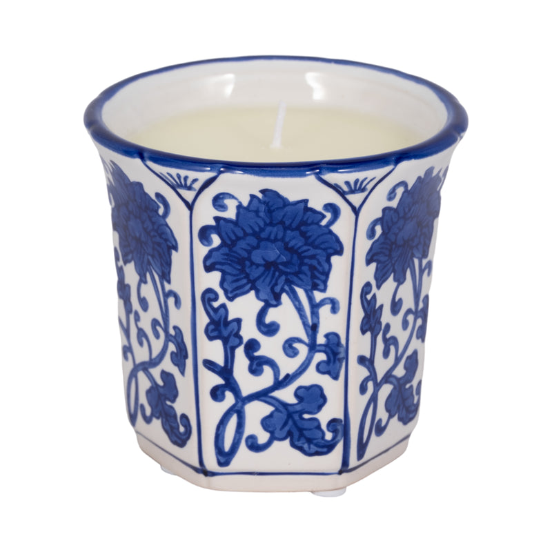 4", 6oz Fluted Chinoiserie Candle , Blue/white