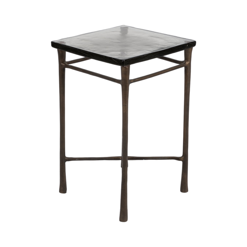 22" Thick Glass Top Square Accent Tale, Antique Br