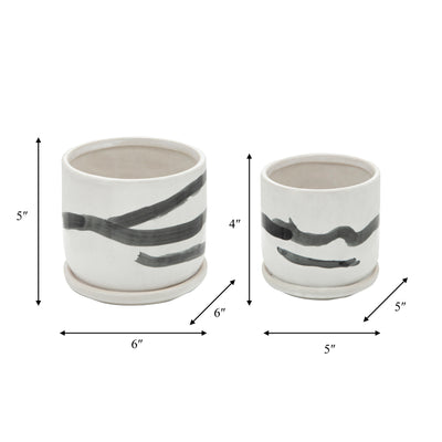 S/2 5/6" PAINTED PLANTERS W/ SAUCER, WHITE