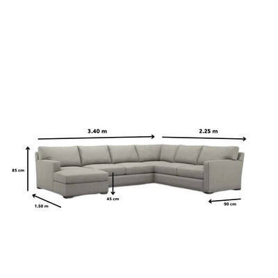 Isla- Sectional Sofa in two corners with a brown cabinet.