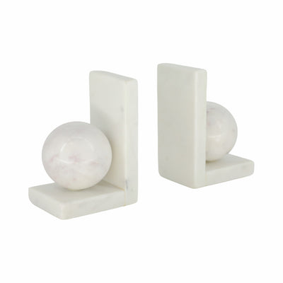 S/2 6" Marble Bookend With 3" Orb, White