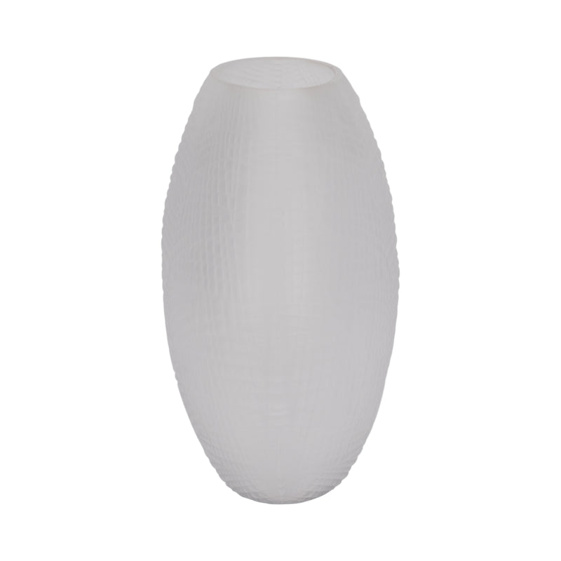 GLASS 10"H TEXTURED VASE, FROSTED WHITE