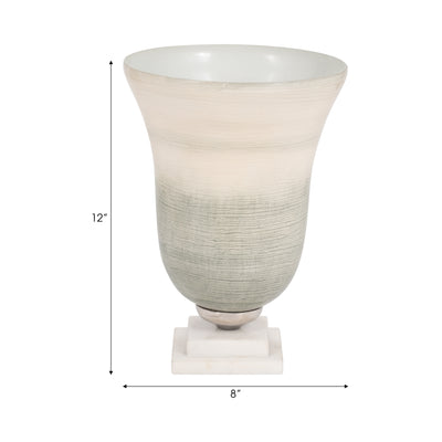 GLASS, 12" VASE ON MARBLE BASE, SAGE/IVORY KD