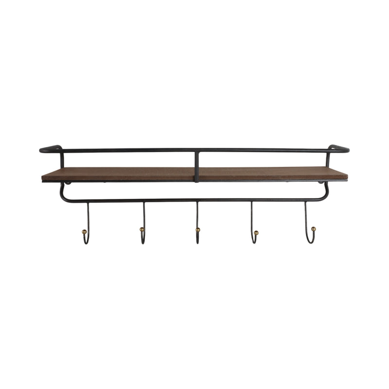 METAL/ WOOD, 24.25" 5 HOOK WALL SHELF/ BROWN