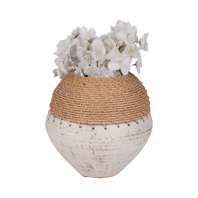 CLAY, 9" VASE WITH WOVEN TOP, WHITE/NATURAL