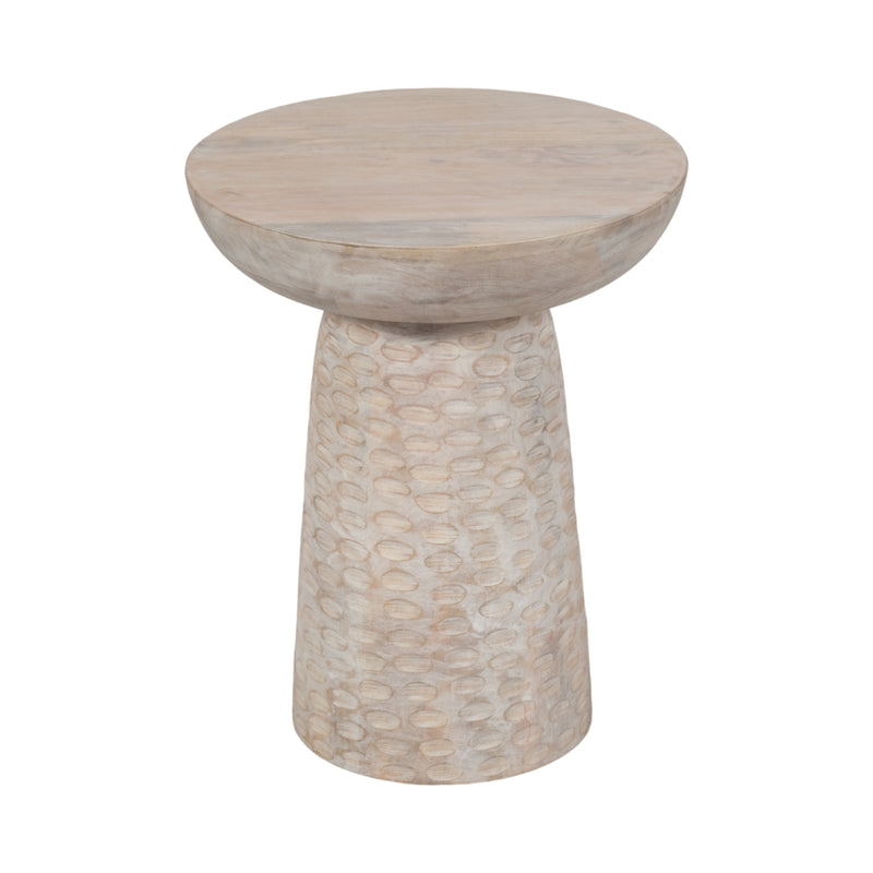 20" Hammered Base Wood Accent Table, White Wash