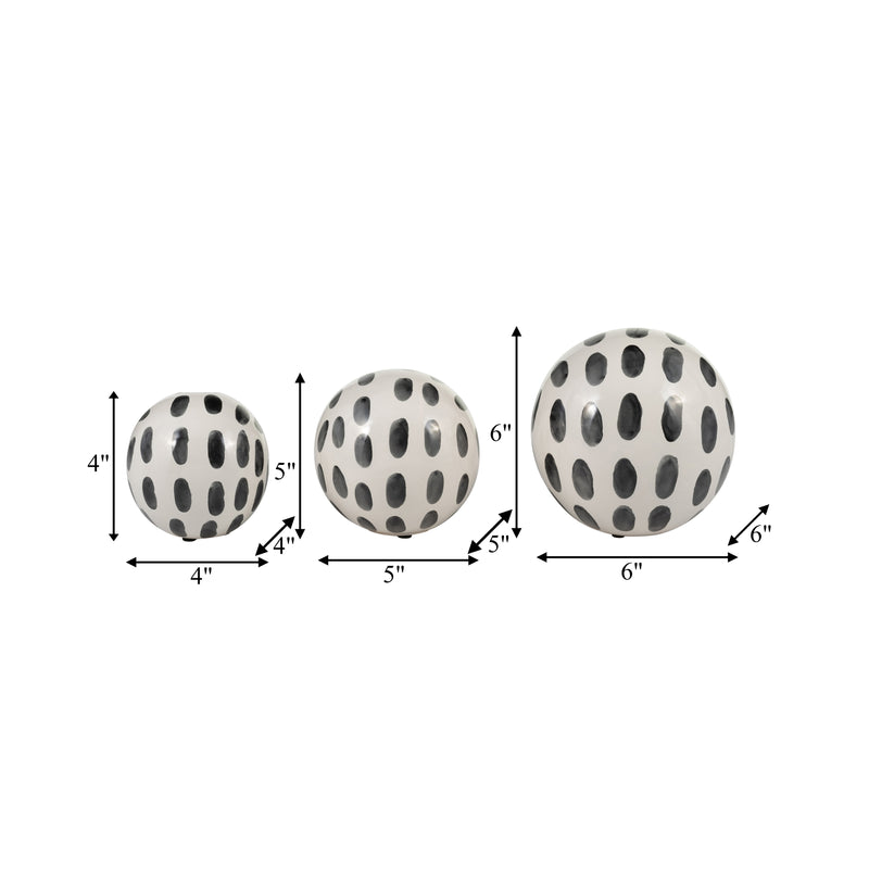 CER, S/3 4/5/6" SPOTTED ORBS, BLK/WHT