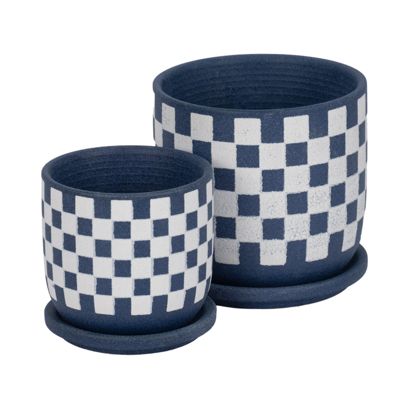 S/2 5/6" Checkerboard Saucer Planters, Blue/white