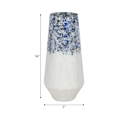 16" Tapered Bottom Vase Arctic Finish, White/blue