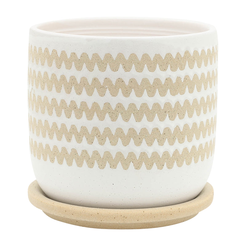 S/2 5/6" ZIG-ZAG PLANTER W/ SAUCER, WHITE