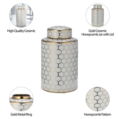 CER, 12" HONEYCOMB JAR W/ LID, GOLD