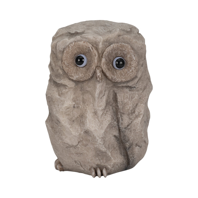 9" Faux Rock Owl With Solar Eyes, Grey