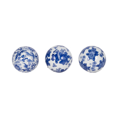 Cer, S/3 4" Assorted Painted Orbs, Blue