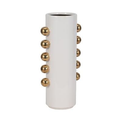 Cer, 16" Vase W/ Side Knobs, White/gold