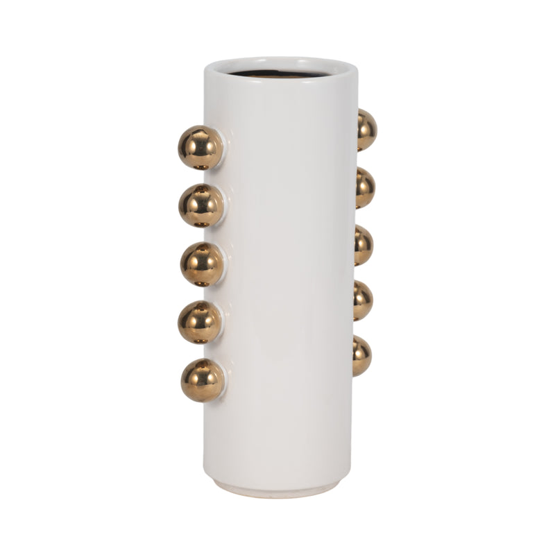 Cer, 13" Vase W/ Side Knobs, White/gold