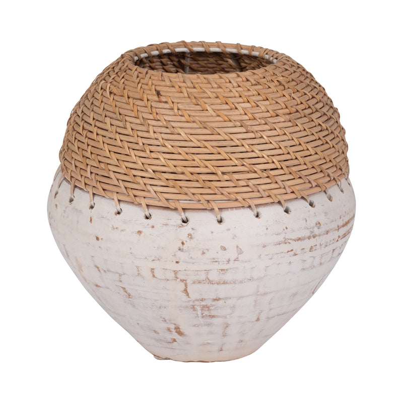 CLAY, 9" VASE WITH WOVEN TOP, WHITE/NATURAL