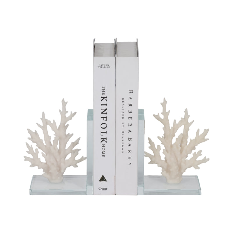 7" Coral On Glass Bookends, White