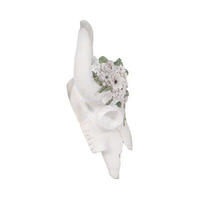 13" Bull Skull With White Flowers, White