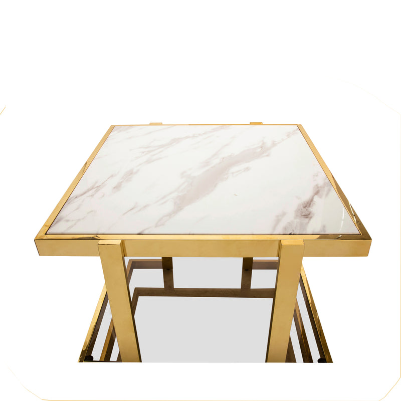 METAL/MARBLE GLASS SIDE TABLE, GOLD/WHITE