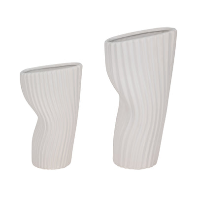 12" Curved Ribbed Vase, White