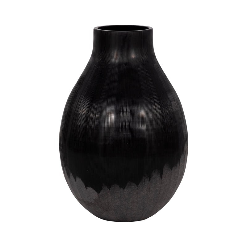 12" Etched Lines Rough Cut Bottom Vase, Black