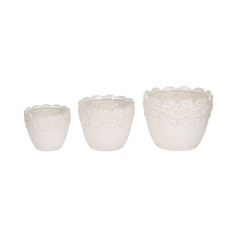 S/3 8/9/11" Floral Crown Planter, Ivory