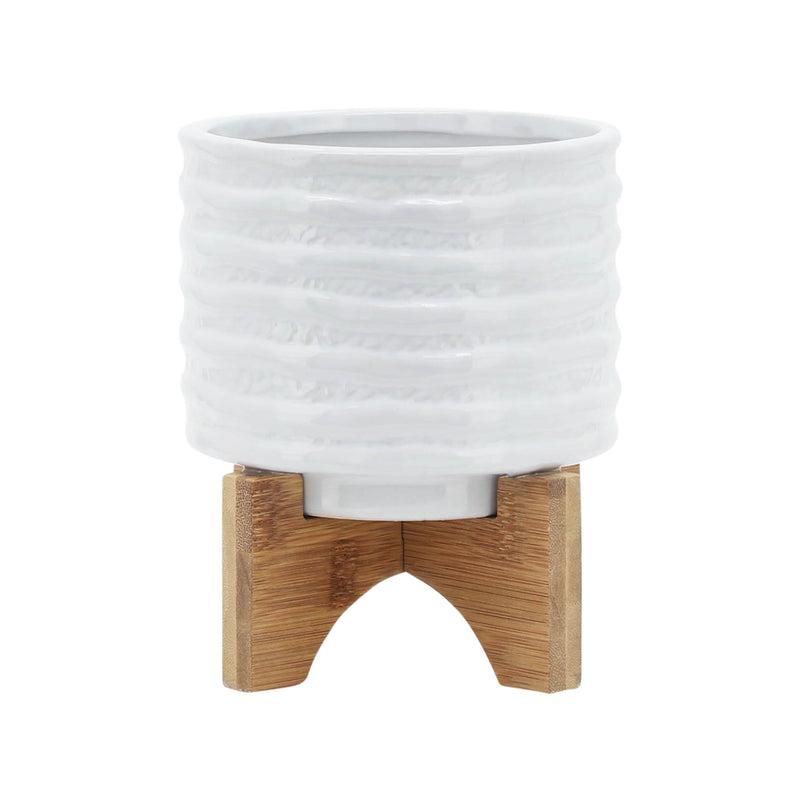 CERAMIC 5" PLANTER ON STAND, WHITE STRIPE