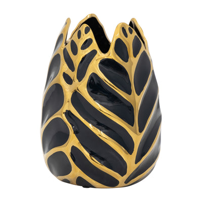 CERAMIC 8" LEAF VASE, DRK NAVY/GOLD