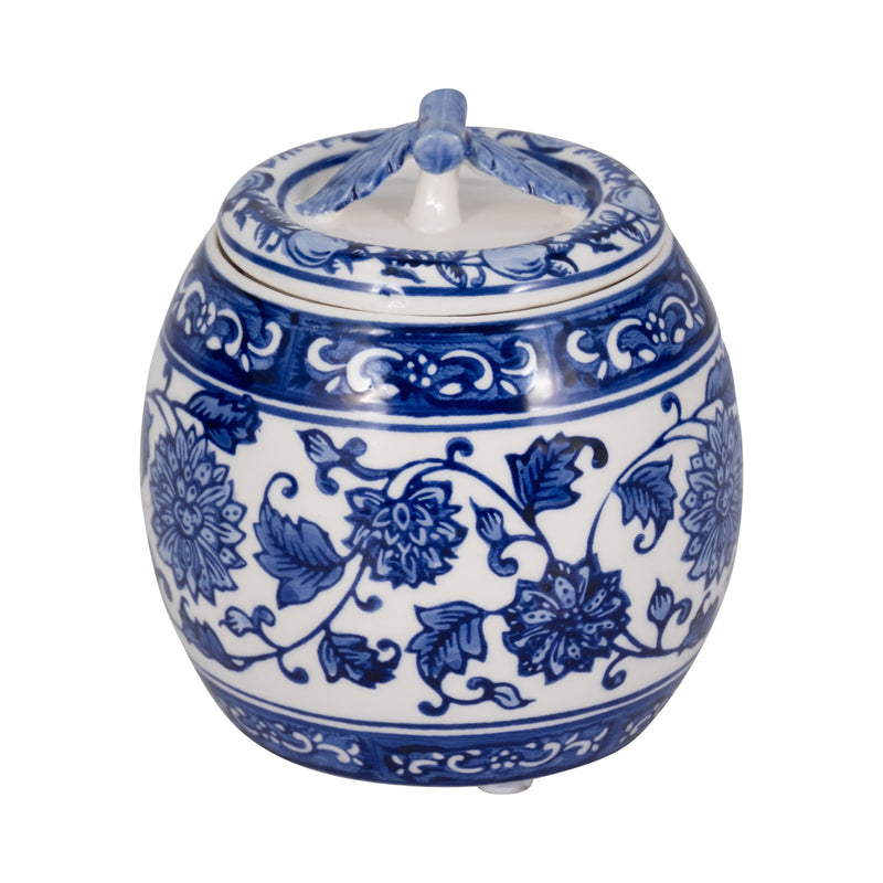 5" 8.5oz Peony Chinoiserie Lidded Candle, Blu/wht