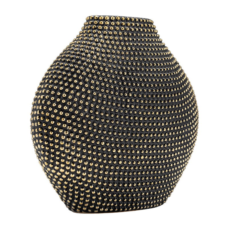 CERAMIC 16" BEADED VASE, BLACK/GOLD