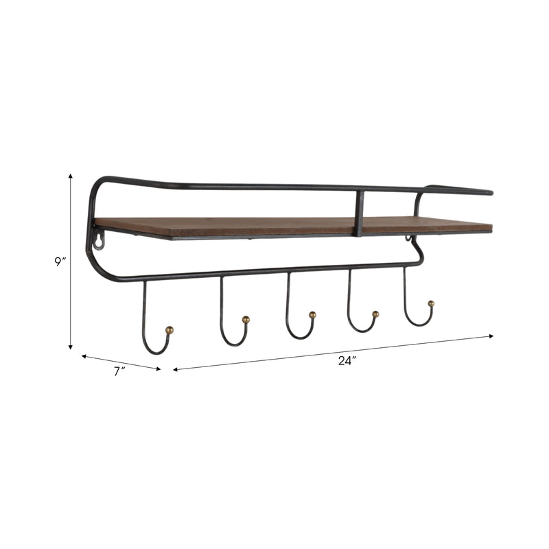 METAL/ WOOD, 24.25" 5 HOOK WALL SHELF/ BROWN