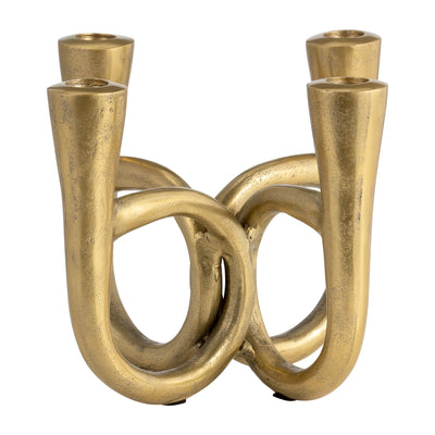 METAL, 7" FRENCH HORN 4-TAPER CANDLEHOLDER, GOLD